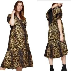 TOPSHOP Maternity Leopard Bow Back Puff Sleeve Midi Dress, US 8 NWT